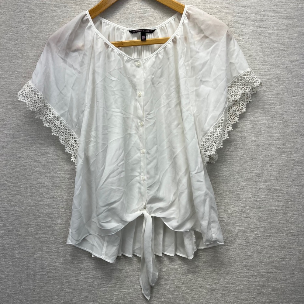 Victoria's Secret Blouse Womens Medium White Crochet Lace Flutter Tie Front Top - Picture 6 of 10